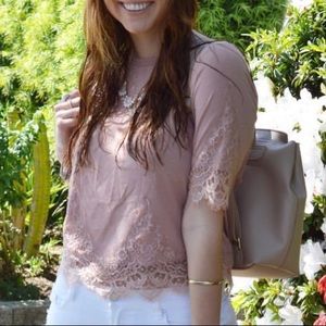 Topshop light pinky/mauve lace trim t-shirt